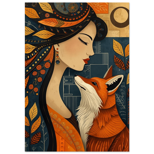 Orange räv blickar mot kvinna i mörkblå folk art-illustration