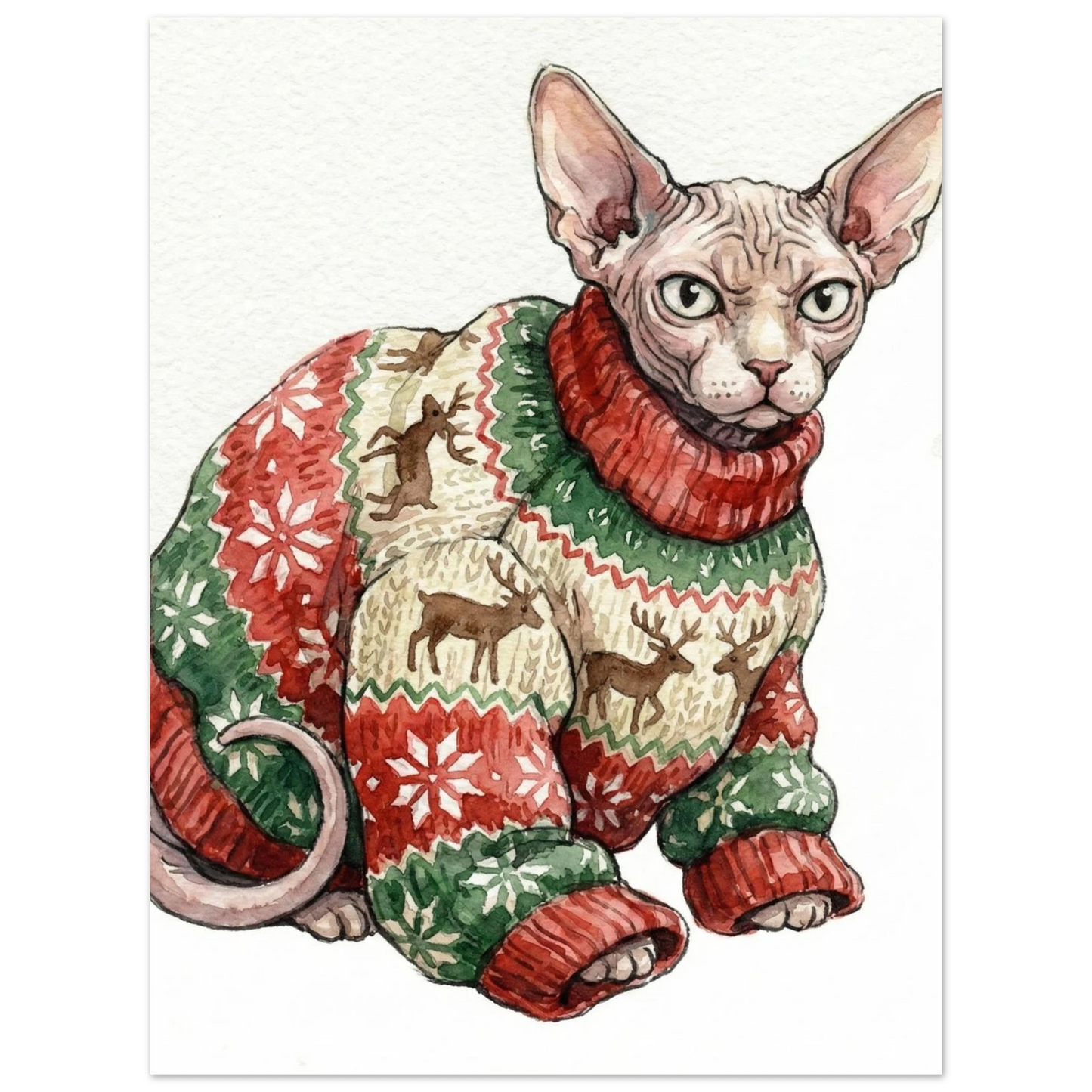 Akvarellposter föreställande en sphynx i festlig jultröja med snöflingor