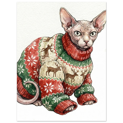 Akvarellposter föreställande en sphynx i festlig jultröja med snöflingor