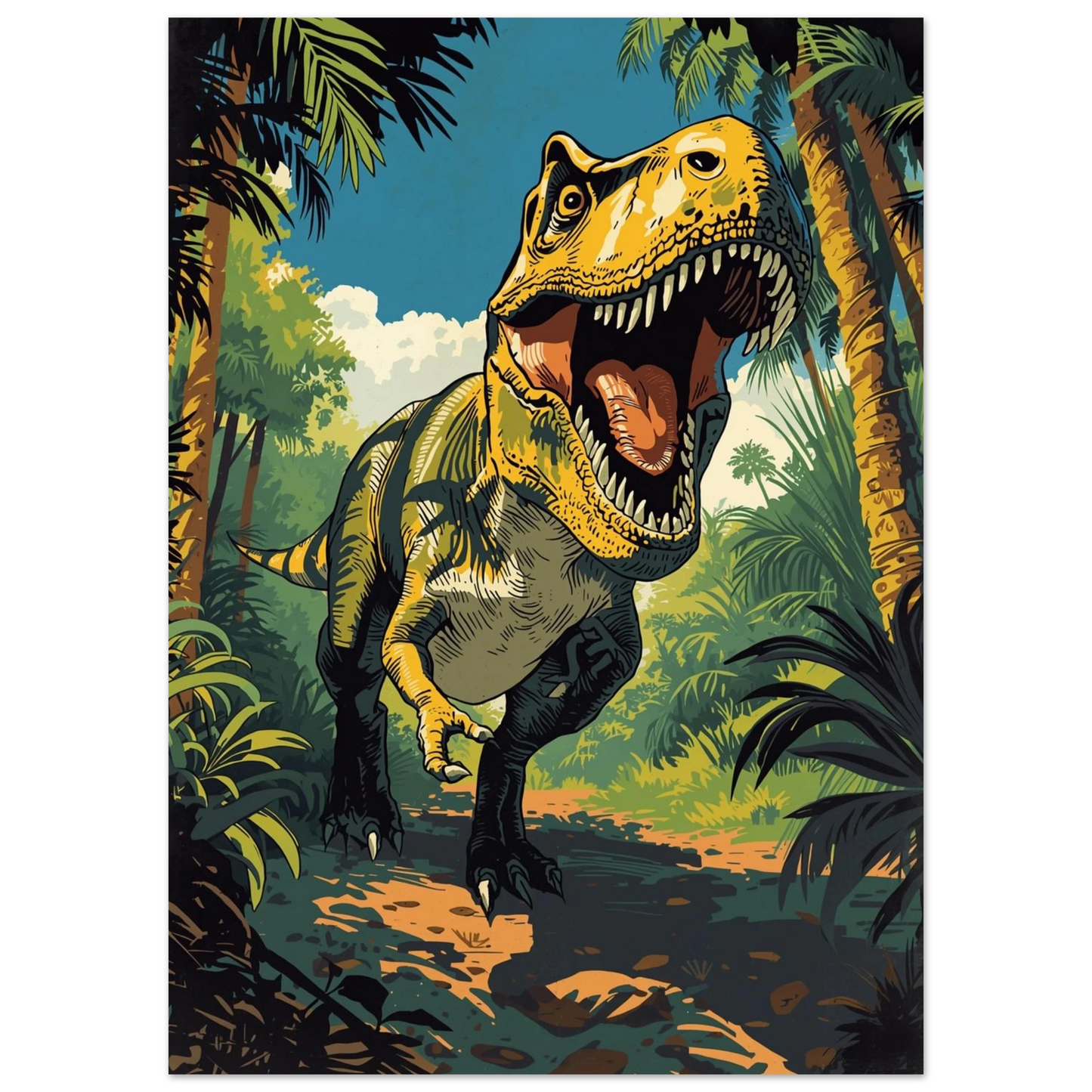 T-Rex med öppet gap i förhistorisk miljö – dramatisk dinosaurieposter