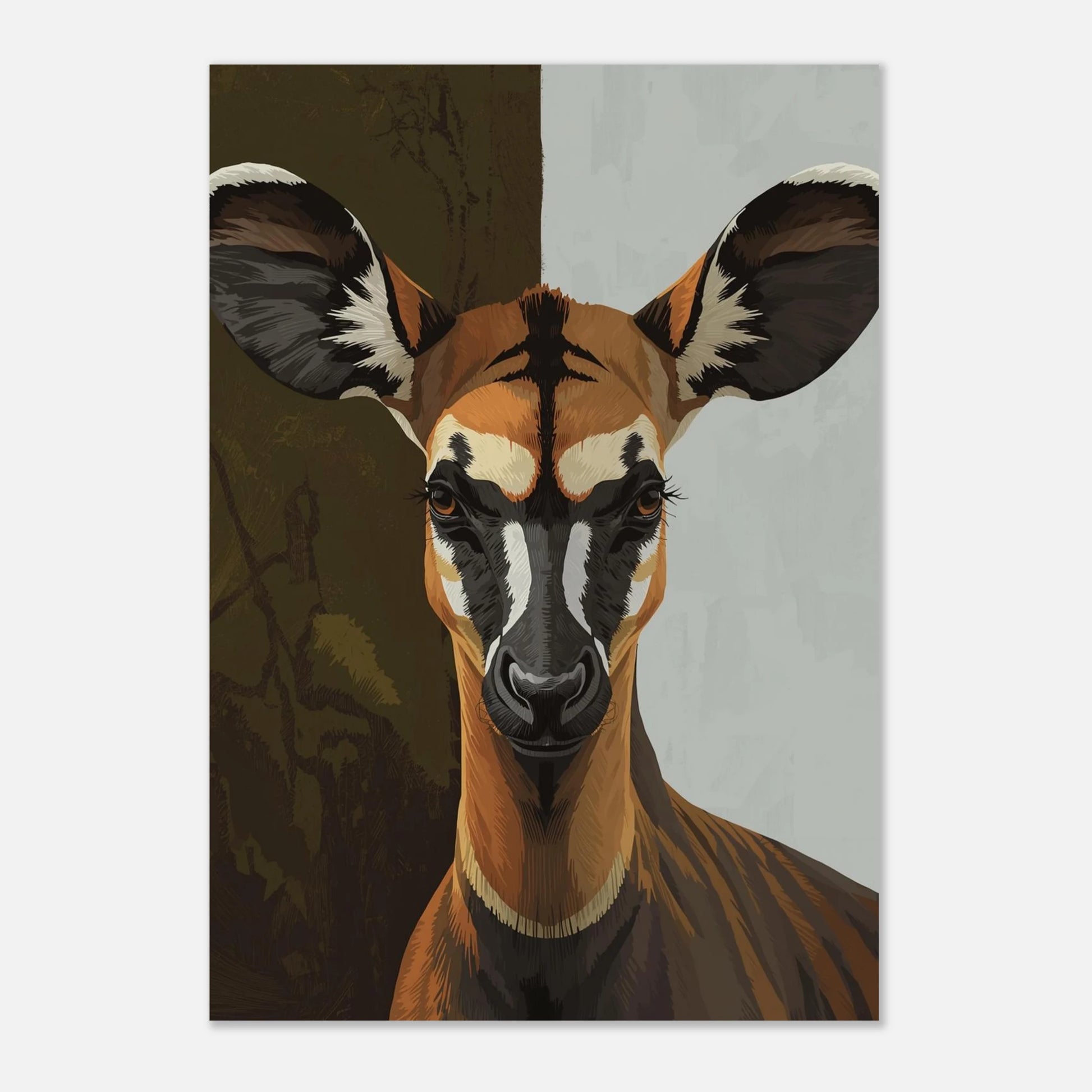 Modern djurposter med okapi i dova naturfärger för stilren inredning