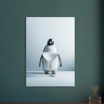 Pingvin bakom frostigt cocktailglas, minimalistisk och elegant design.