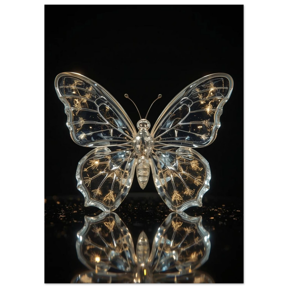 Glasklar fjärilsskulptur som reflekteras i en mörk blank yta – digital poster