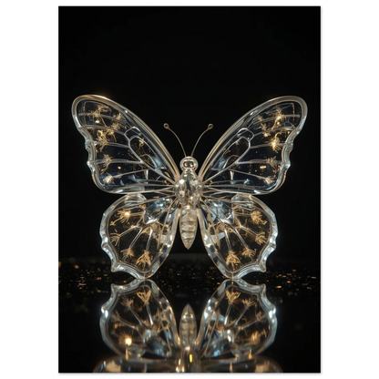 Glasklar fjärilsskulptur som reflekteras i en mörk blank yta – digital poster