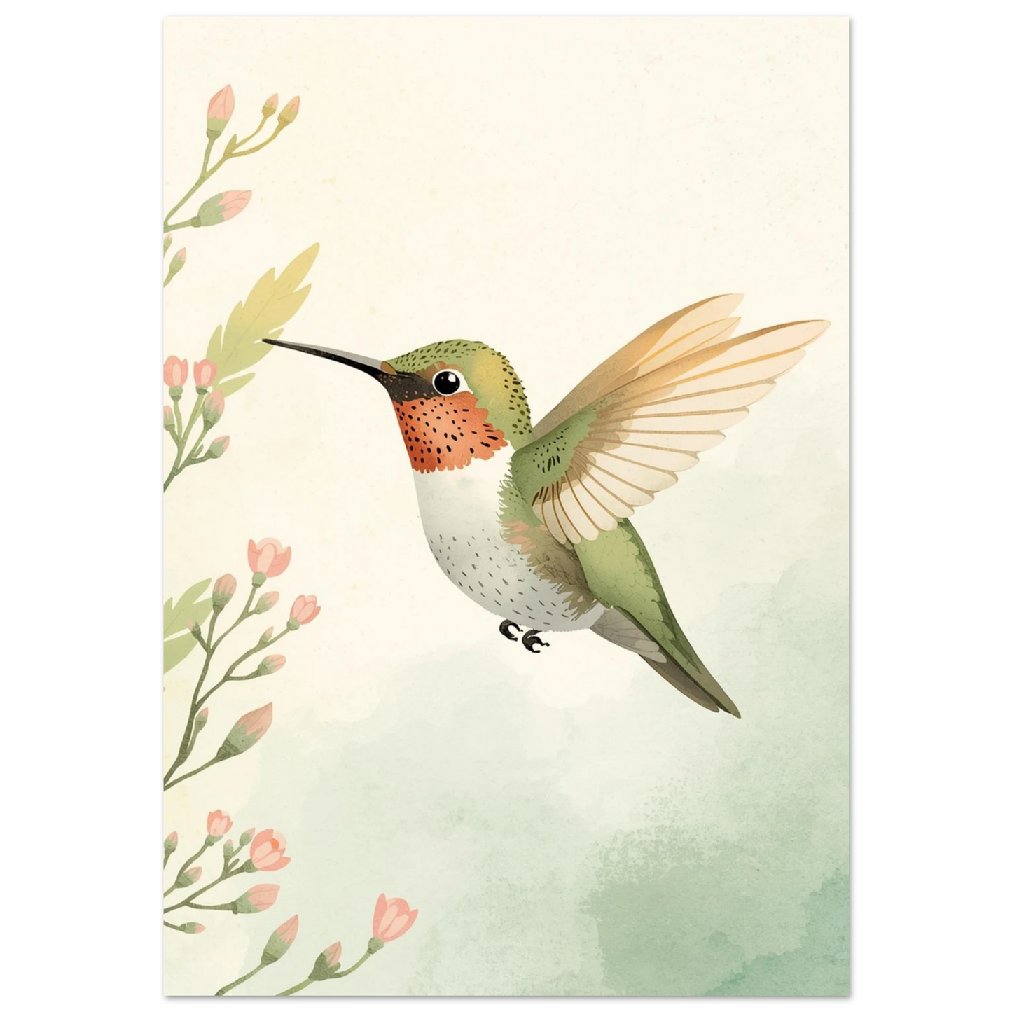 Flygande kolibri med gröna fjädrar och rosa blommor – akvarellmålning