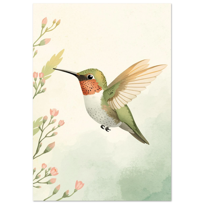 Flygande kolibri med gröna fjädrar och rosa blommor – akvarellmålning