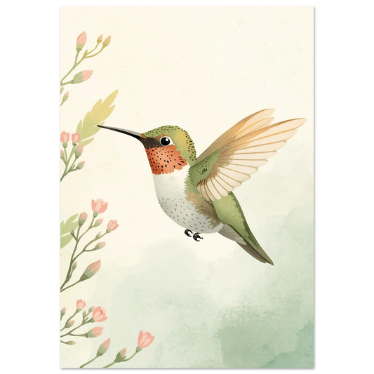 Flygande kolibri med gröna fjädrar och rosa blommor – akvarellmålning