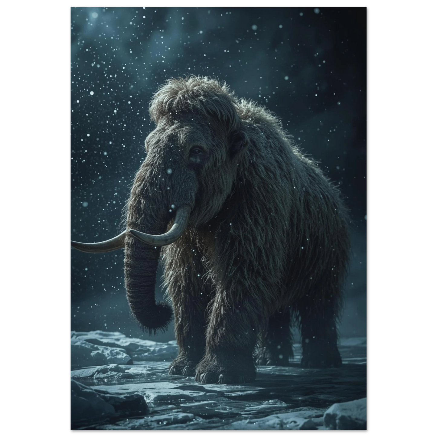 Ullhårig mammut i snöfall – dramatisk djurposter i mörkblå toner