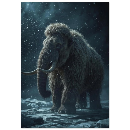 Ullhårig mammut i snöfall – dramatisk djurposter i mörkblå toner