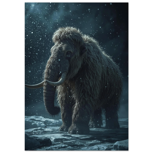 Ullhårig mammut i snöfall – dramatisk djurposter i mörkblå toner