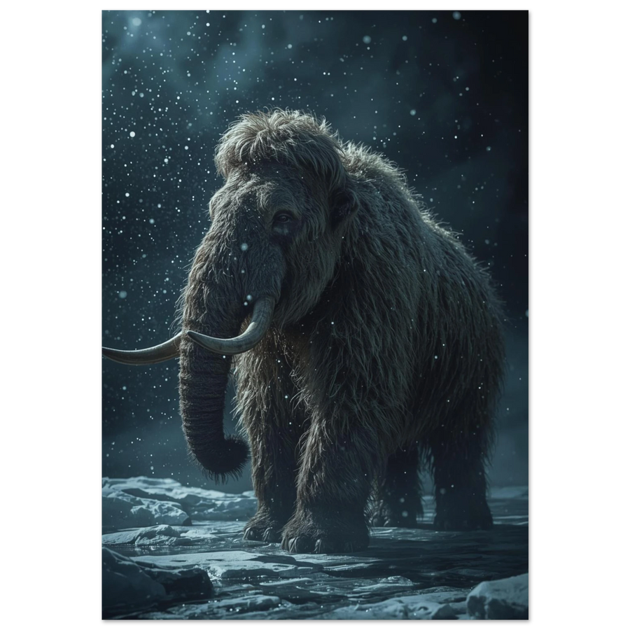 Ullhårig mammut i snöfall – dramatisk djurposter i mörkblå toner