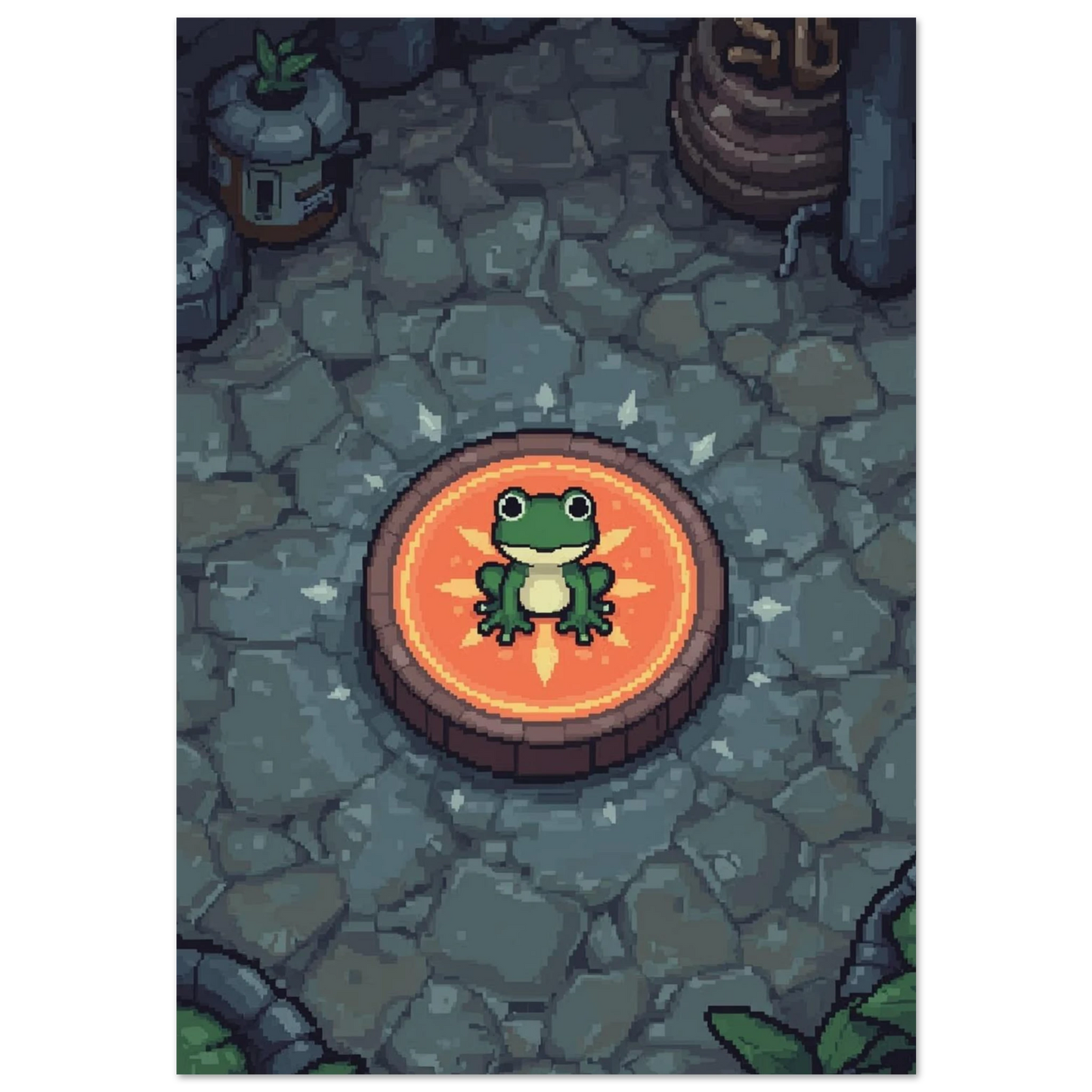 Grön groda i pixel art på orange glödande plattform – djurposter