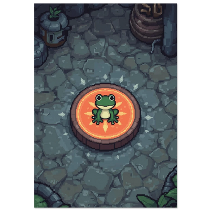 Grön groda i pixel art på orange glödande plattform – djurposter