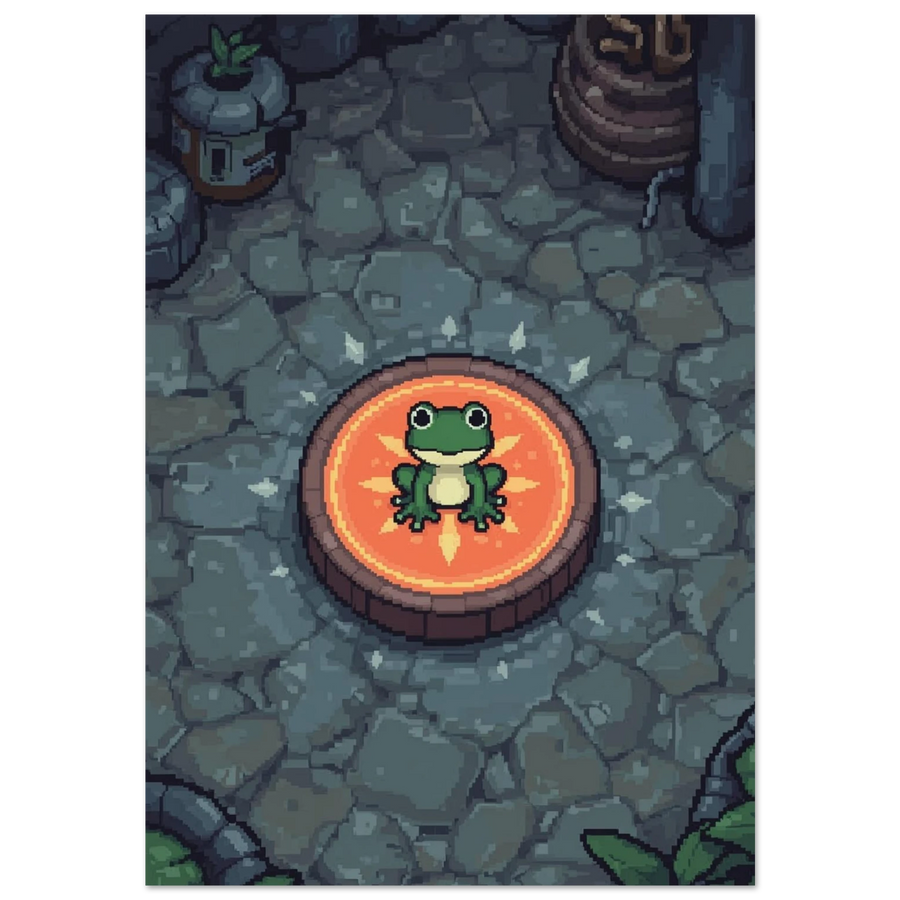 Grön groda i pixel art på orange glödande plattform – djurposter