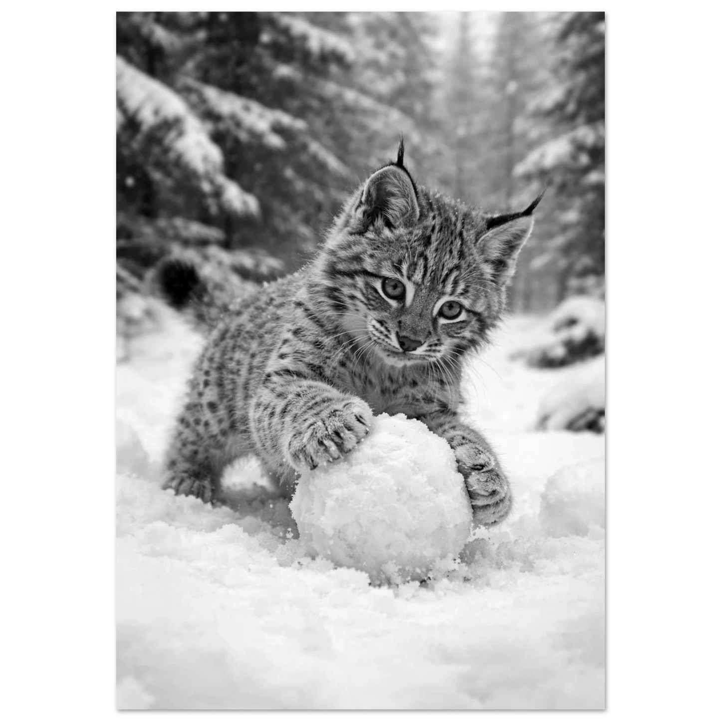 Svartvit bild på en lodjursunge som leker med en snöboll i ett snötäckt skogslandskap – Fotorealistisk poster