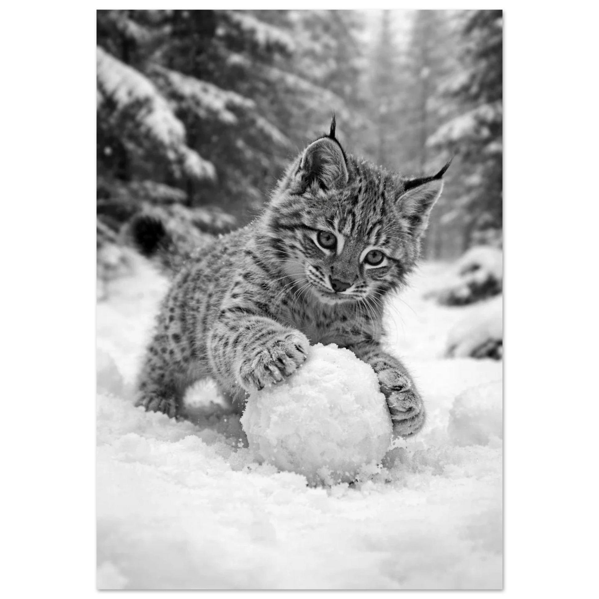 Svartvit bild på en lodjursunge som leker med en snöboll i ett snötäckt skogslandskap – Fotorealistisk poster