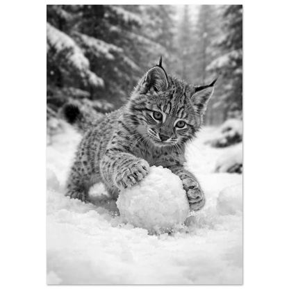 Svartvit bild på en lodjursunge som leker med en snöboll i ett snötäckt skogslandskap – Fotorealistisk poster