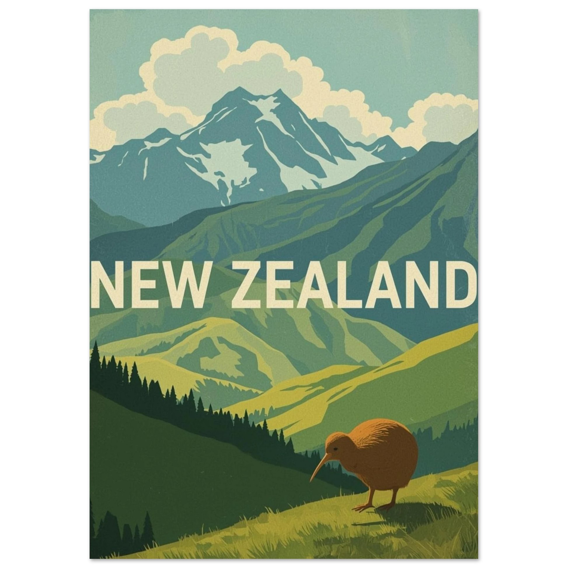 Illustration av en kiwi i Nya Zeelands natur, grafiskt djurmotiv