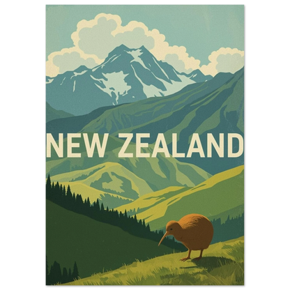 Illustration av en kiwi i Nya Zeelands natur, grafiskt djurmotiv