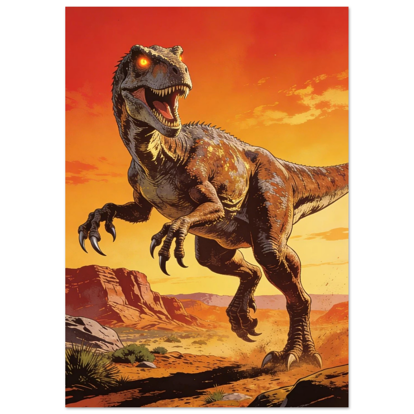 Tecknad raptor som rör sig i ökenlandskap med klippformationer i bakgrunden – Tecknad poster