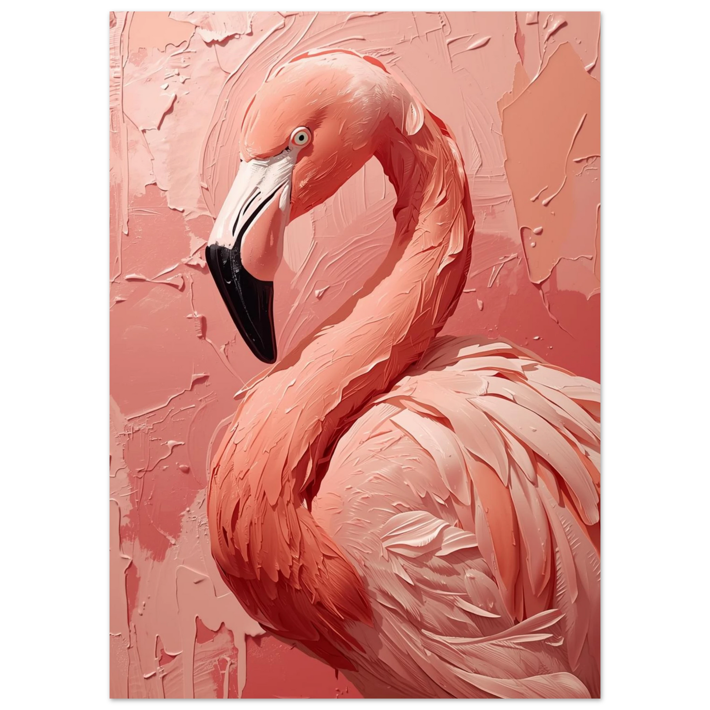 Närbild på flamingo med korallrosa fjädrar i abstrakt oljemålningsteknik