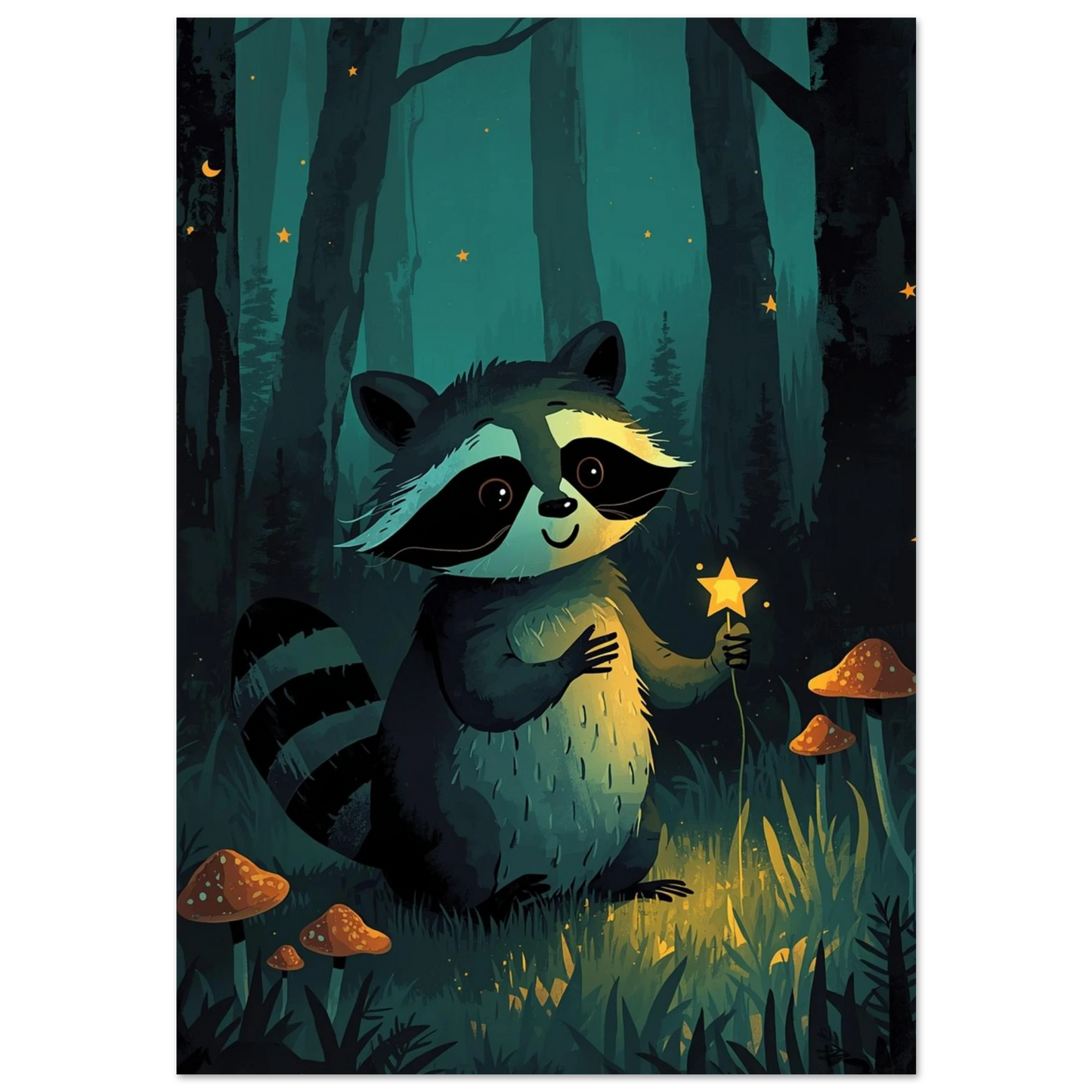 Söt tvättbjörn med lysande stjärna i mörkgrön skog, sagolik illustration