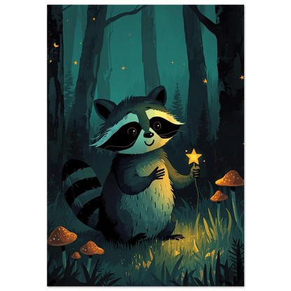 Söt tvättbjörn med lysande stjärna i mörkgrön skog, sagolik illustration