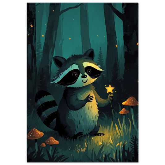 Söt tvättbjörn med lysande stjärna i mörkgrön skog, sagolik illustration