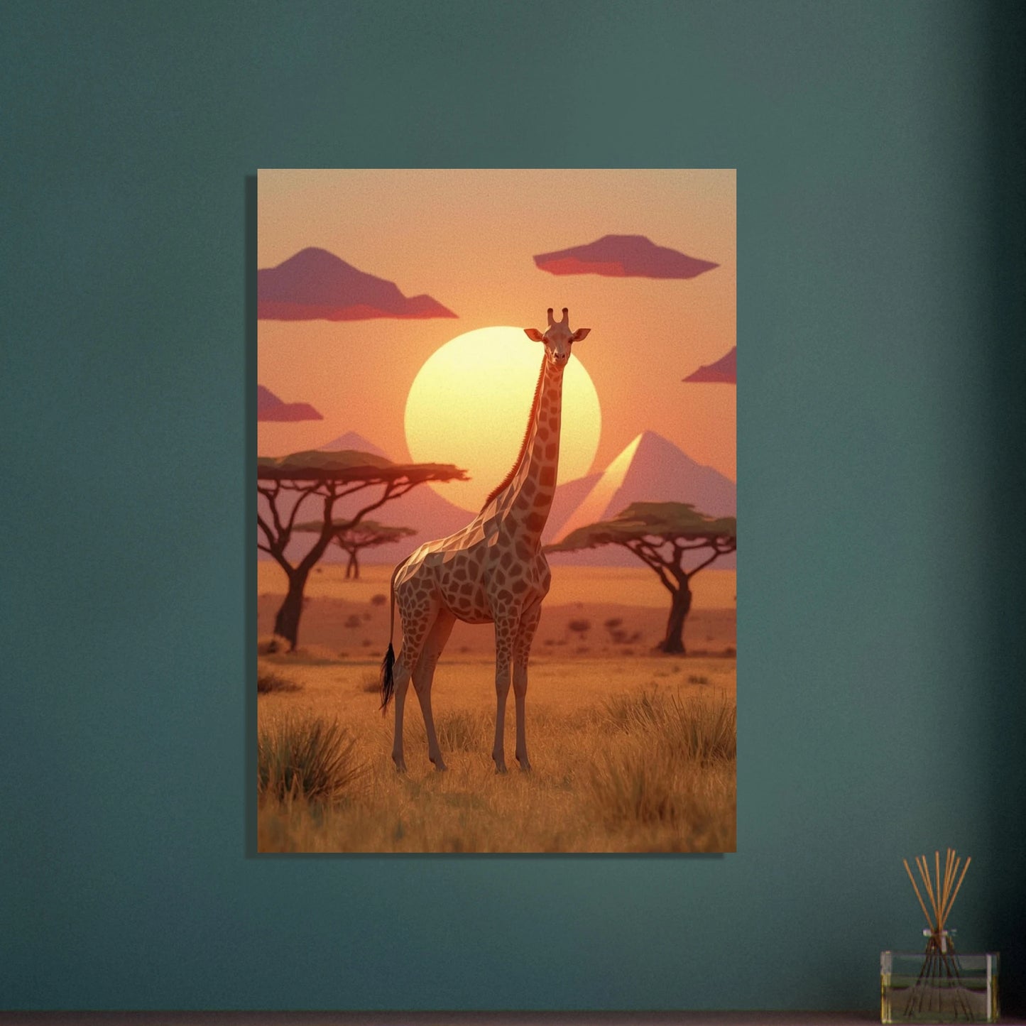 Low-poly giraff i solnedgång på savannen, lugn stämning