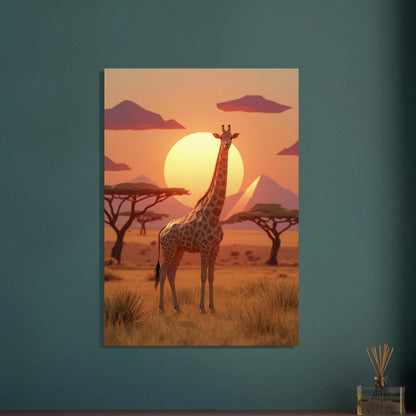 Low-poly giraff i solnedgång på savannen, lugn stämning