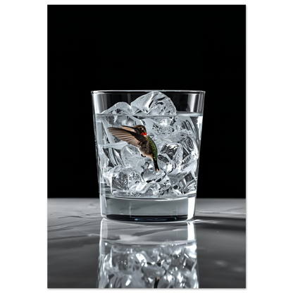 Kolibri i glas med isbitar mot svart bakgrund, surrealistisk djurposter