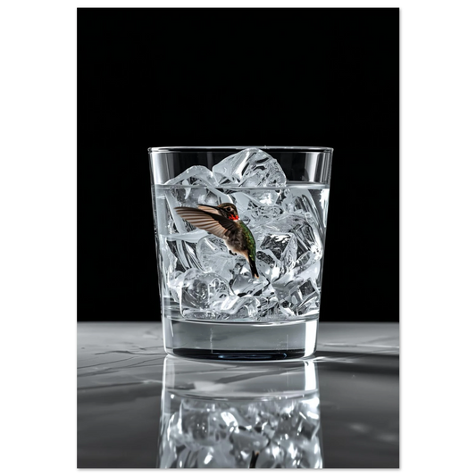Kolibri i glas med isbitar mot svart bakgrund, surrealistisk djurposter
