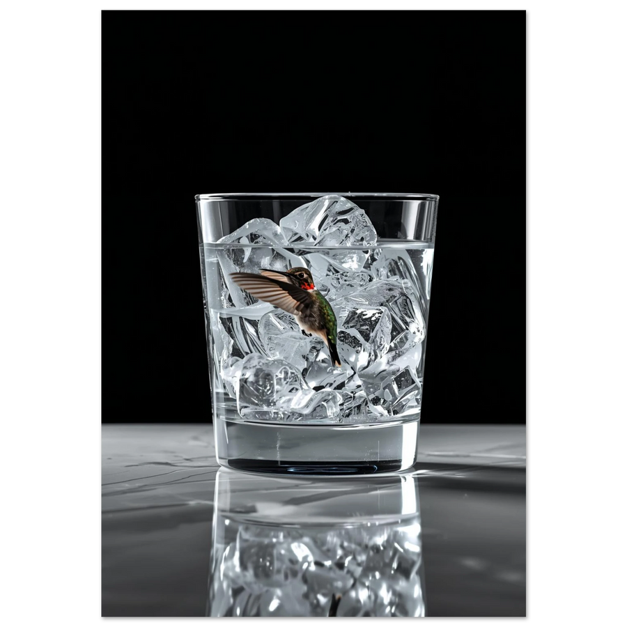 Kolibri i glas med isbitar mot svart bakgrund, surrealistisk djurposter