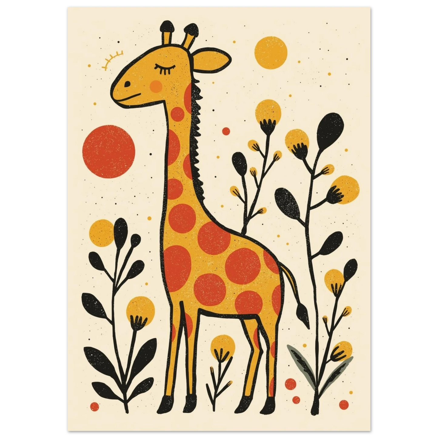 Stiliserad giraffillustration med solar och svarta växter – grafiskt print