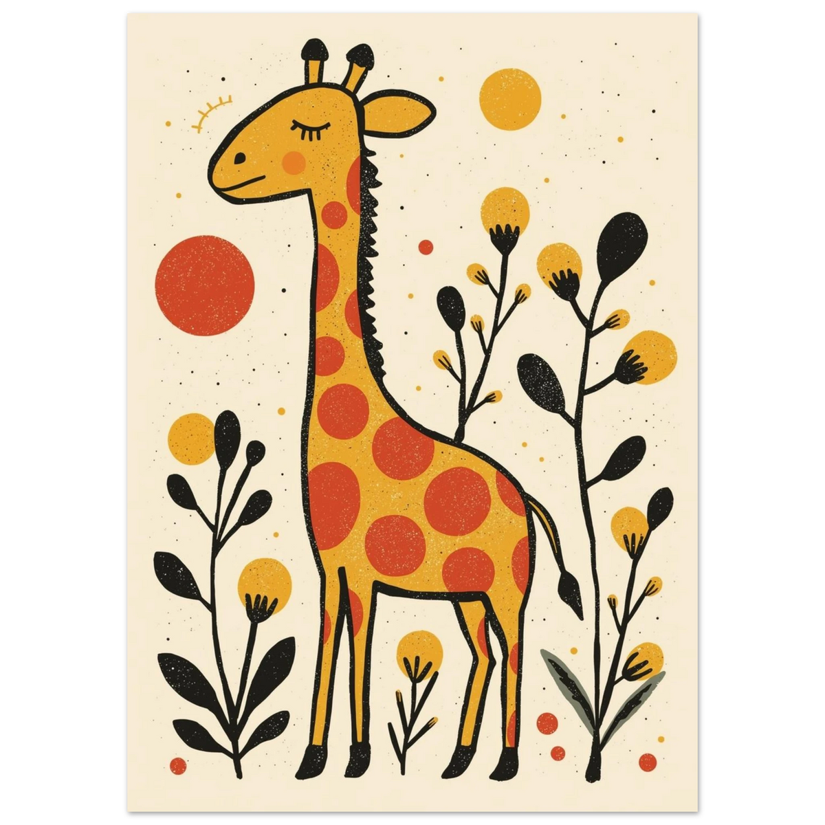 Stiliserad giraffillustration med solar och svarta växter – grafiskt print