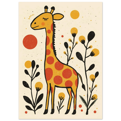 Stiliserad giraffillustration med solar och svarta växter – grafiskt print