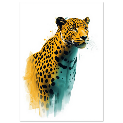 Konstnärlig leopard i airbrush-stil med gula och turkosa färgstänk