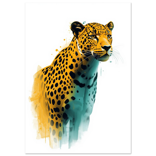 Konstnärlig leopard i airbrush-stil med gula och turkosa färgstänk