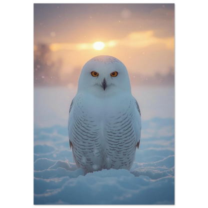 Snöuggla i motljus sittande i djup snö vid soluppgång – fotoposter