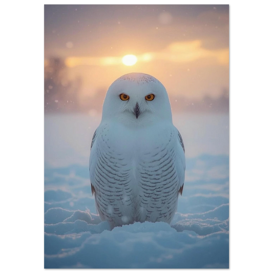 Snöuggla i motljus sittande i djup snö vid soluppgång – fotoposter