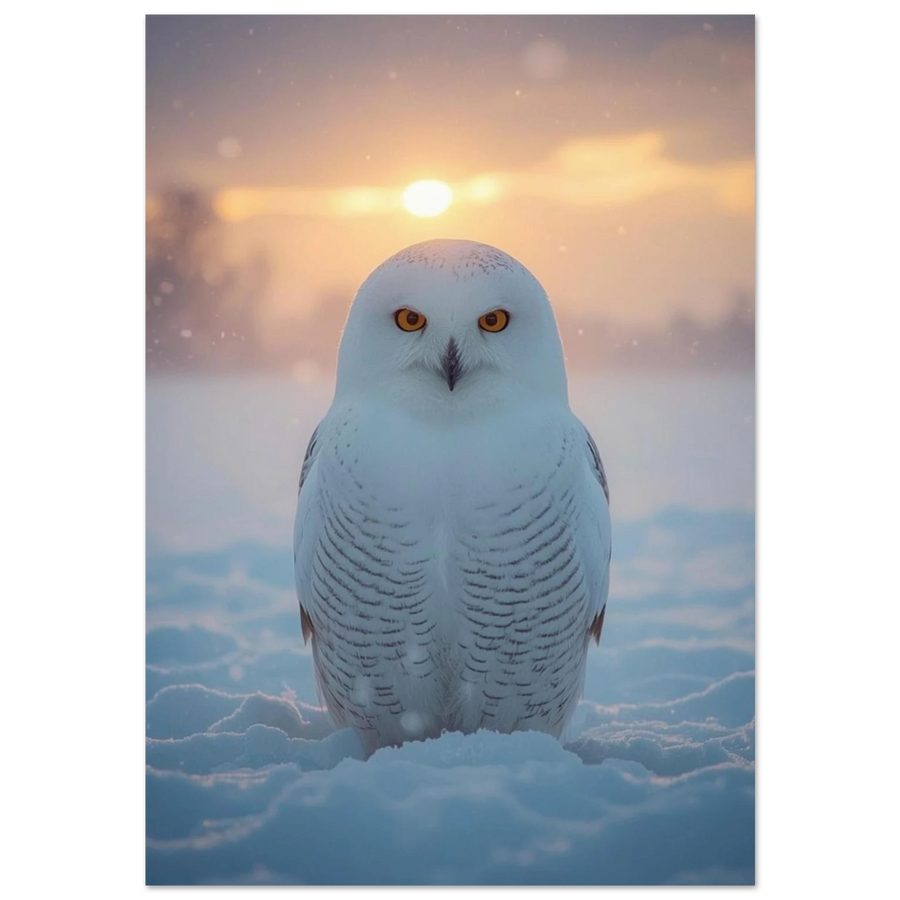 Snöuggla i motljus sittande i djup snö vid soluppgång – fotoposter