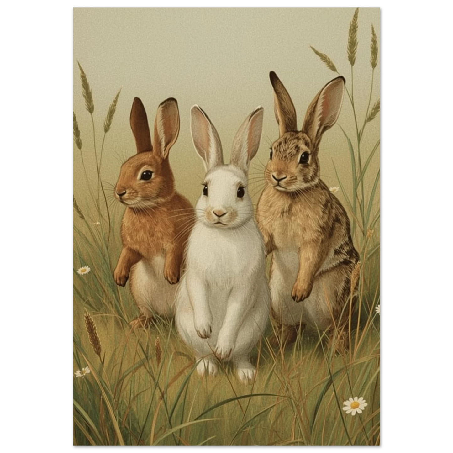 Målad bild av tre kaniner i högt gräs – Målad poster