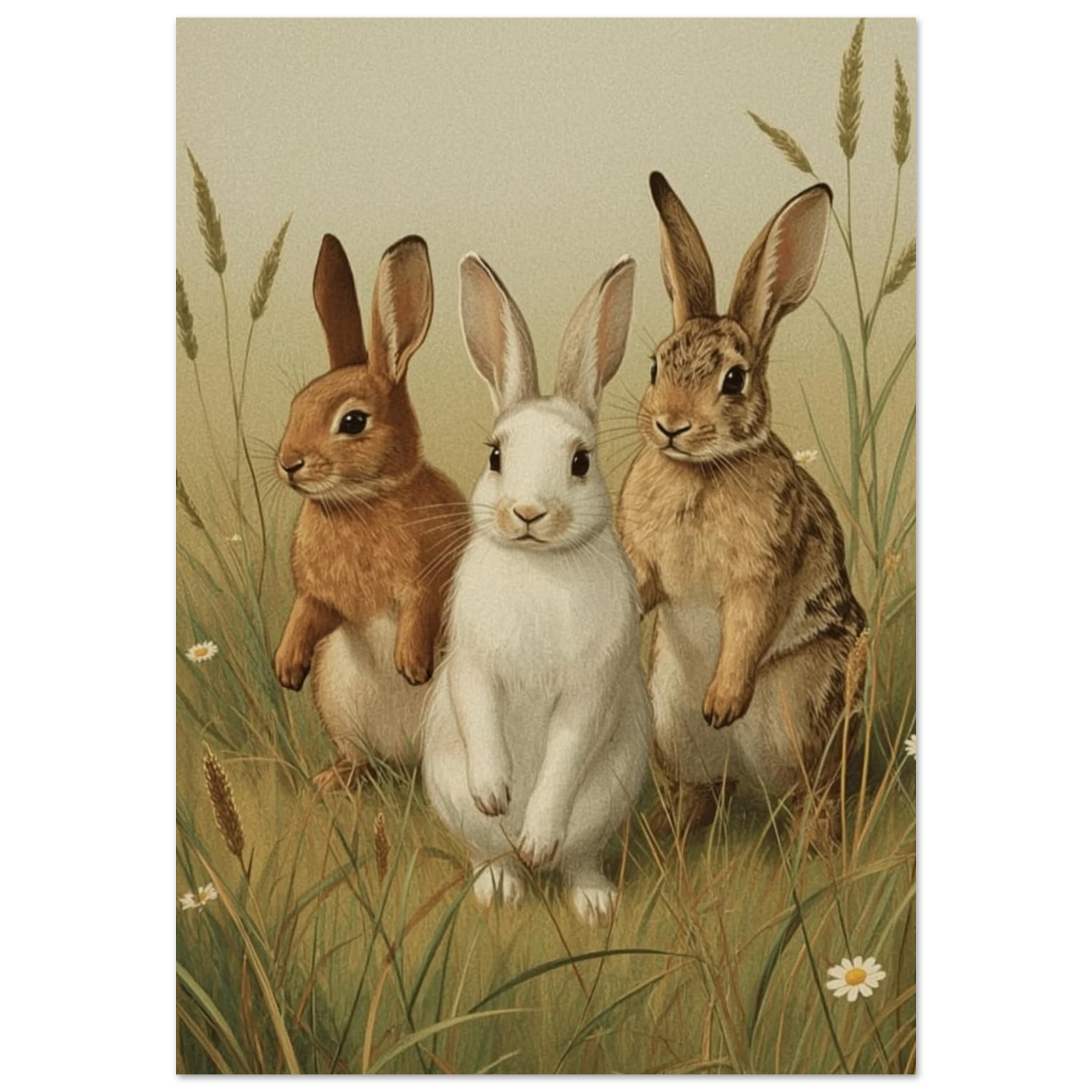 Målad bild av tre kaniner i högt gräs – Målad poster