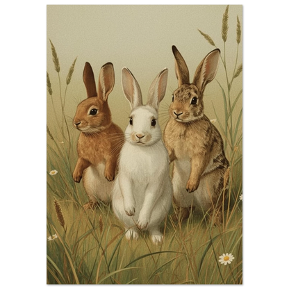 Målad bild av tre kaniner i högt gräs – Målad poster