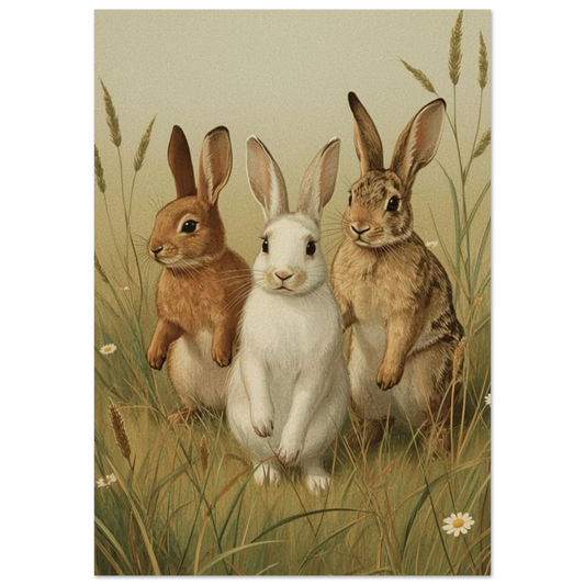 Målad bild av tre kaniner i högt gräs – Målad poster