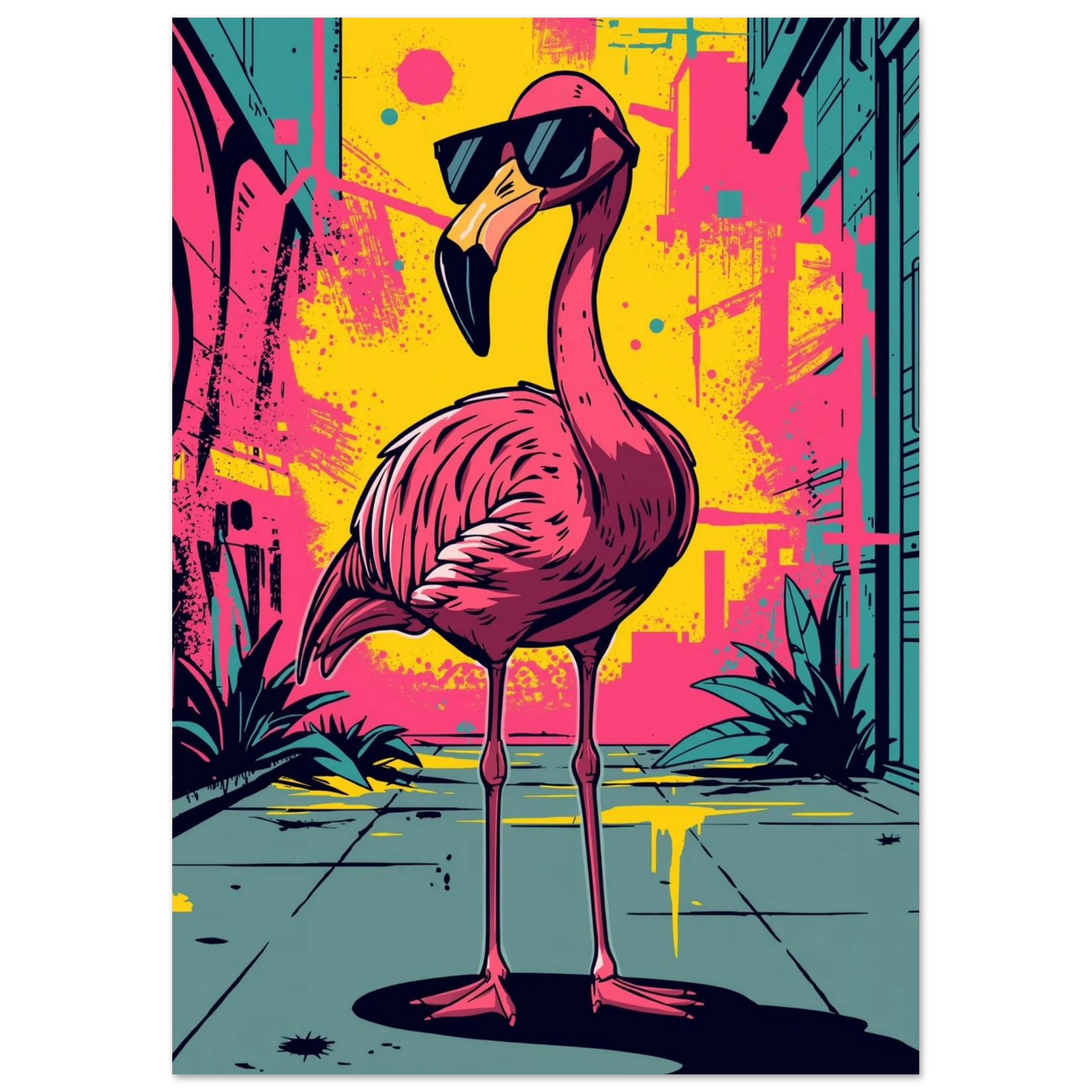Cool flamingo i urban miljö med rosa och gula färgstänk, djurmotiv