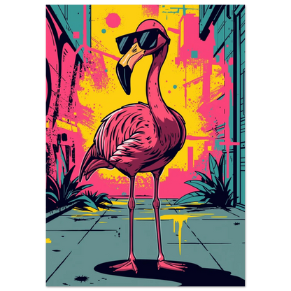 Cool flamingo i urban miljö med rosa och gula färgstänk, djurmotiv