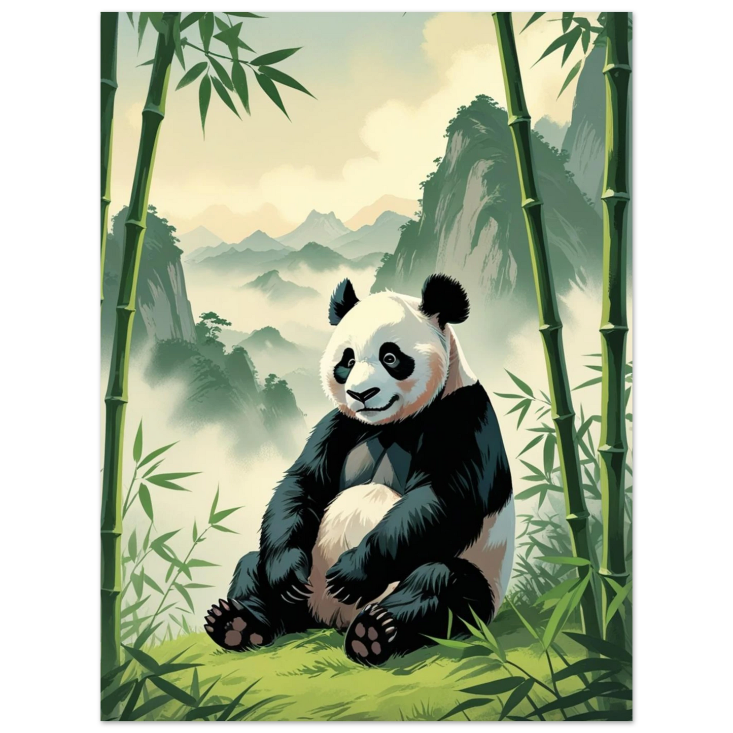 Mjukt färgsatt naturmotiv föreställande en fridfull panda i vildmarken