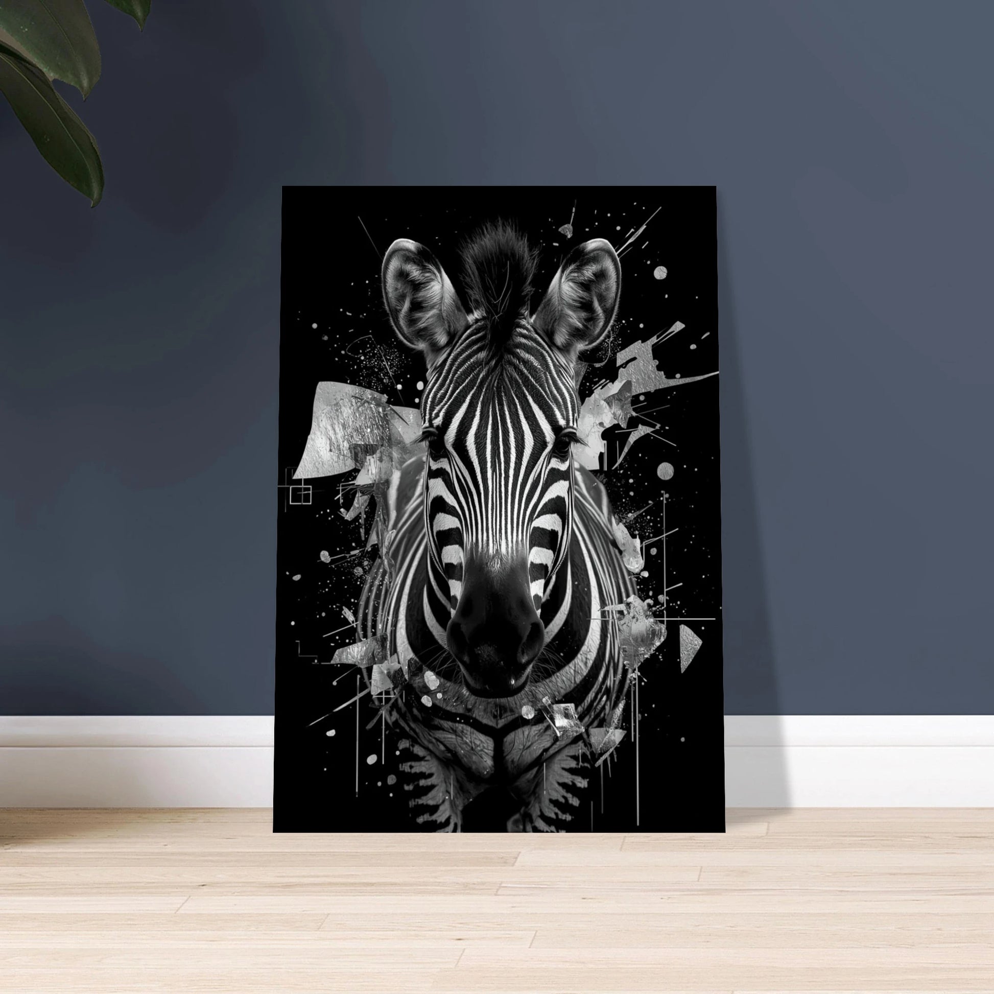 Zebra med grafiska ränder på svart bakgrund, konstnärlig stämning