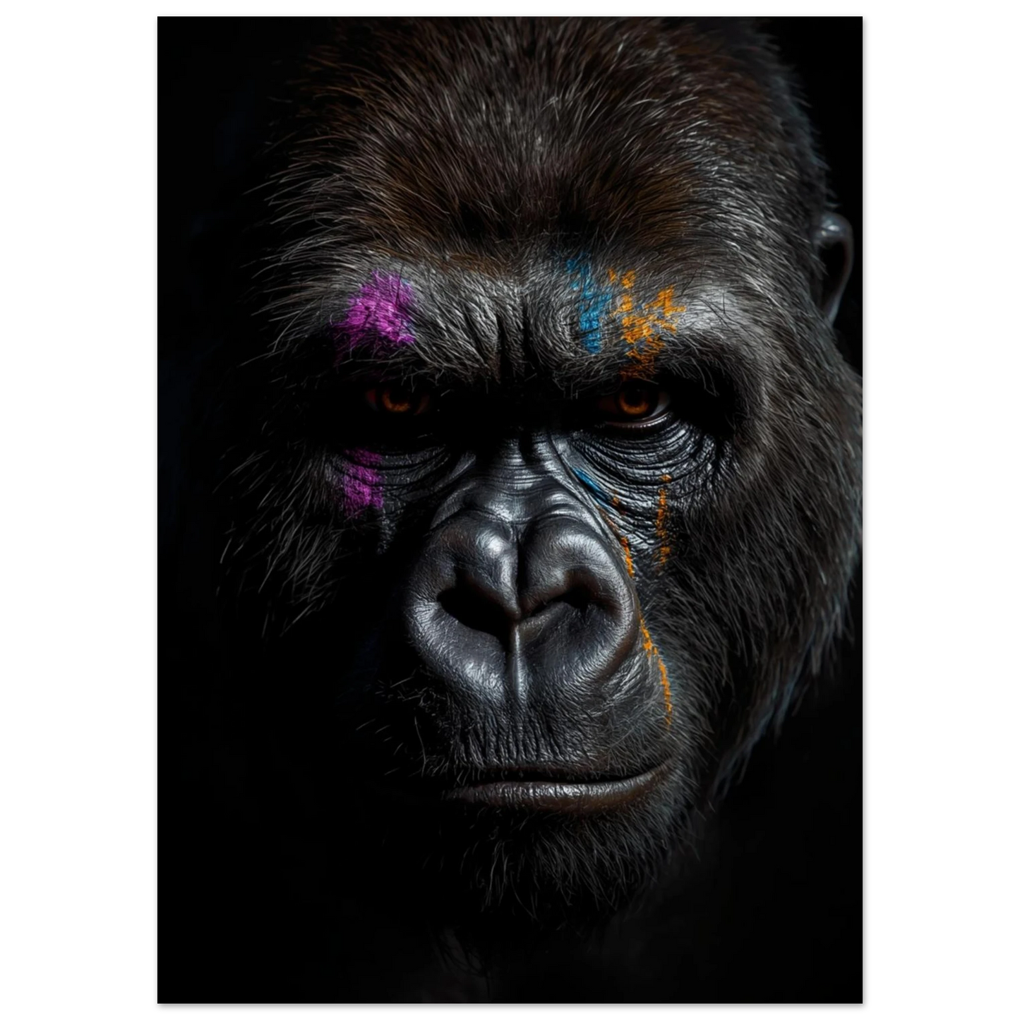 Närbild på gorilla med färgstarka detaljer mot mörk bakgrund – modern tavla